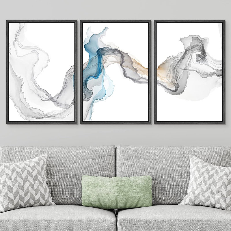 «Smoke Effect Blue Grey Wave», paysage abstrait, illustrations de formes encadrées sur toile, 3 pièces, Cadre noir
