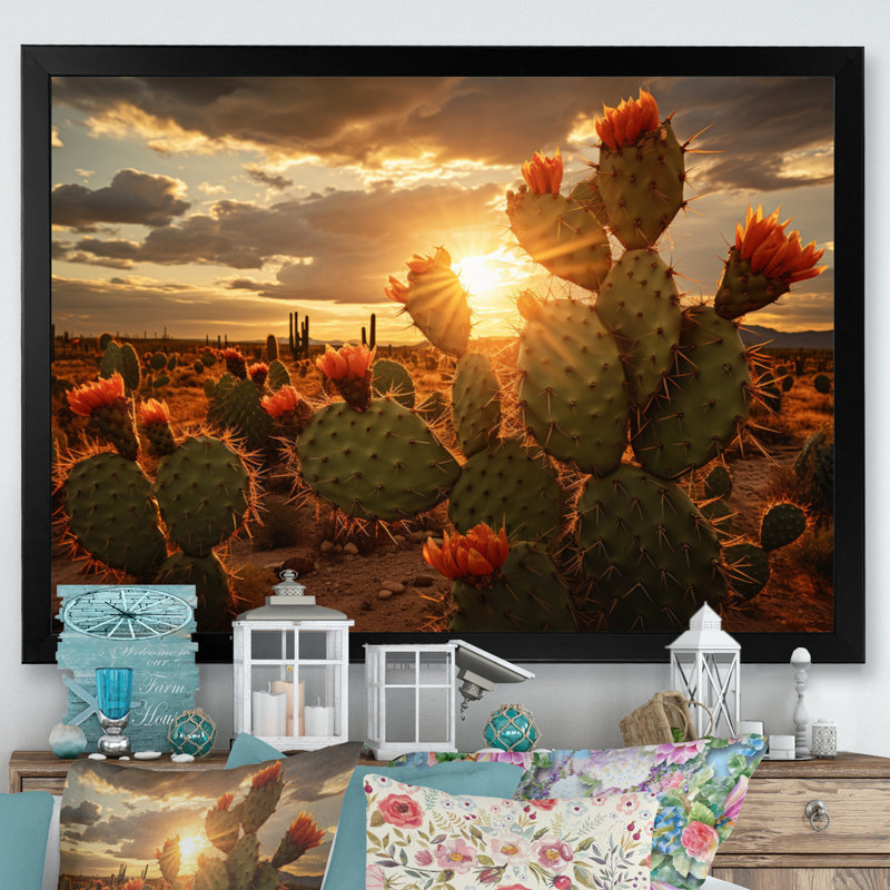 Champ de cactus vert avec coucher de soleil - impression, H 16 po x l 32 po x P 1 po, Cadre simple noir