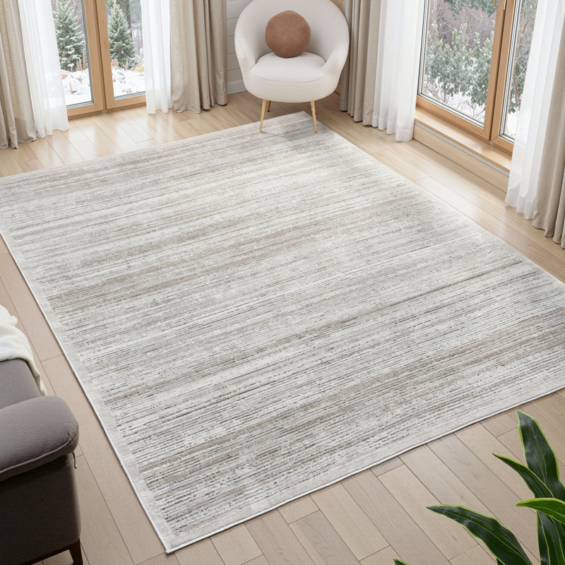 Huseman Beige Horizon Stripe Area Rug, Rectangle 7'7" x 9'6"