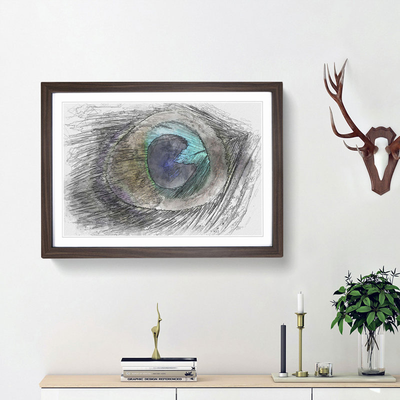 Delicate Peacock Feather in Abstract - Picture Frame Graphic Art Print, Walnut Framed, 36cm H x 48cm W x 2cm D