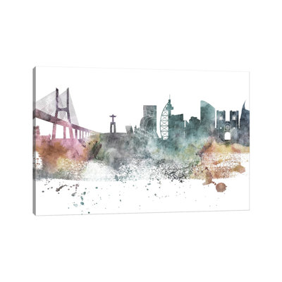 Lisbon Pastel Skyline by Wall Decor Addict - Wrapped Canvas Painting
