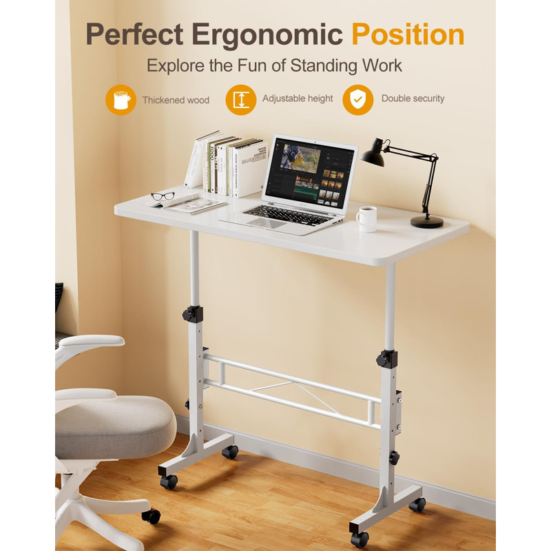 Small Standing Desk Adjustable Height, Mobile Stand Up Desk With Wheels, 32 Inch Portable Rolling Desks For Walking Pad Treadmill White