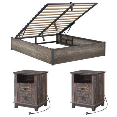 Ensemble de chambre à coucher de ferme 3 pièces avec cadre de lit de rangement relevable et 2 tables de chevet