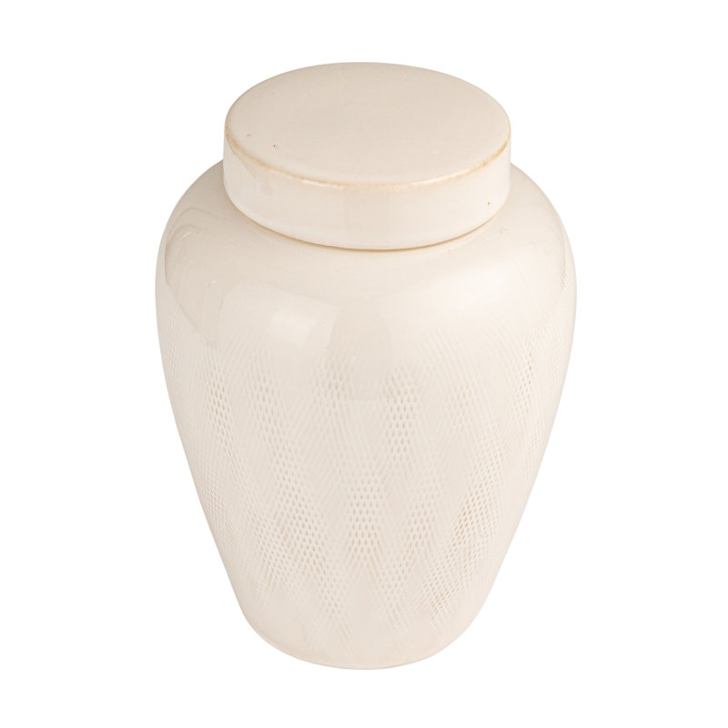 Large Decorative Debossed Stoneware Ginger Jar With Pattern, Lid And Reactive Glaze