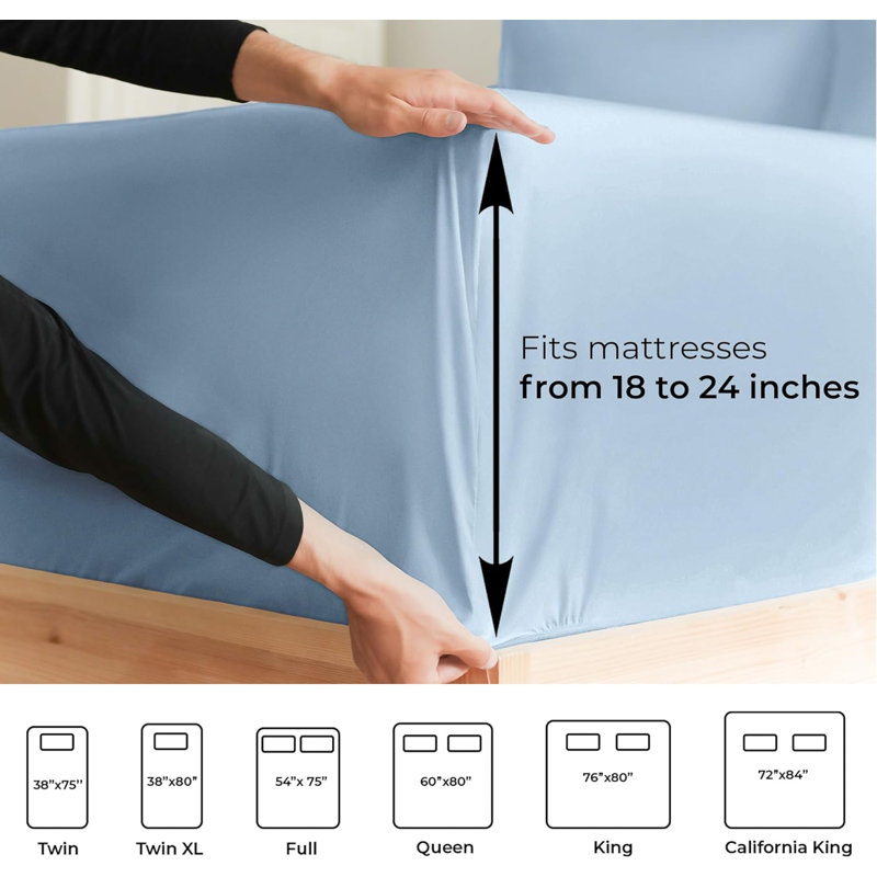Extra Deep Pocket Fitted Sheet Only, Cooling & Breathable Bed Sheet, Soft, Fits 18–24 Inch Mattress, Queen, Light Blue