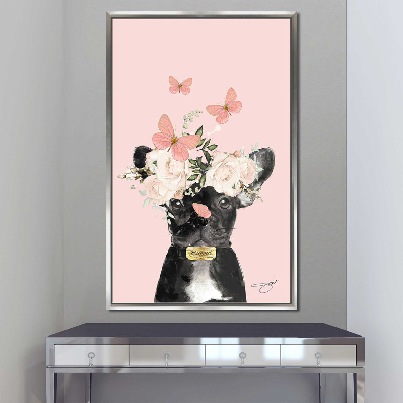 «Flower Frenchie (Vertical)» par By Jodi - impression, Cadre flottant argent, H 51,5 po x l 31,5 po x P 2 po