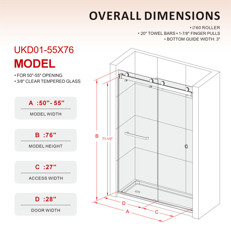 50 to 55 in. x 76 in. H Frameless Double Sliding Shower Door with 3/8 in. (10mm) Clear Glass , Space Gray, 55" W x 76" H