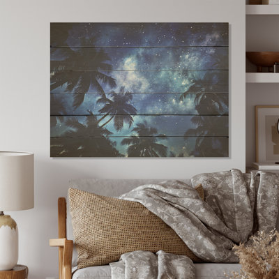 Sapphire Magical Palm Tree Night I - Palms & Palm Trees Wood Art On Natural Pine Wood -  Bay Isle Home™, C00A36E738F04AFAAE6BD3272D45CCA4