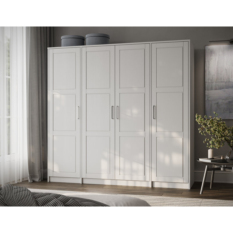 Armoire-penderie 100% en bois massif à 4 portes avec tige suspendue et tablettes.
