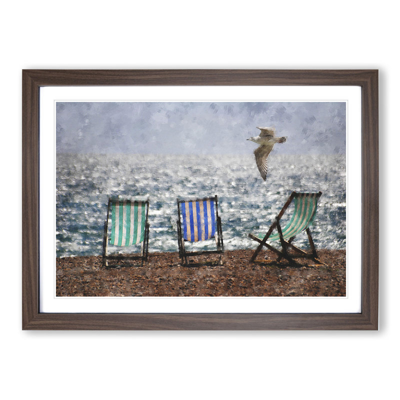 Seagull over Brighton Beach Deckchairs - Picture Frame Graphic Art, 36cm H x 48cm W x 2cm D, Walnut Framed