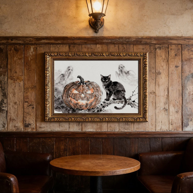 Cadre mural vintage orné de chat fantôme d'Halloween – Cadre doré décoratif pour œuvres d'art., L 12 po x l 18 po