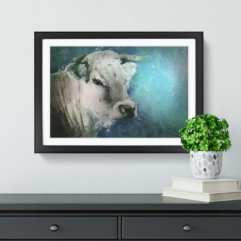 Cow in the Meadow with Blue Light - Picture Frame Painting Print, Black Framed, 48cm H x 65cm W x 2cm D