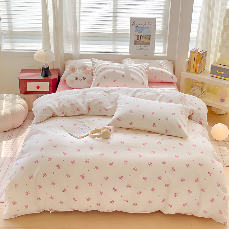Nayoroom Cartoon Pink Bowknot Pattern On White Duvet Cover Set Teens Gentle Soft Home Cozy And Breathable Bedding Set