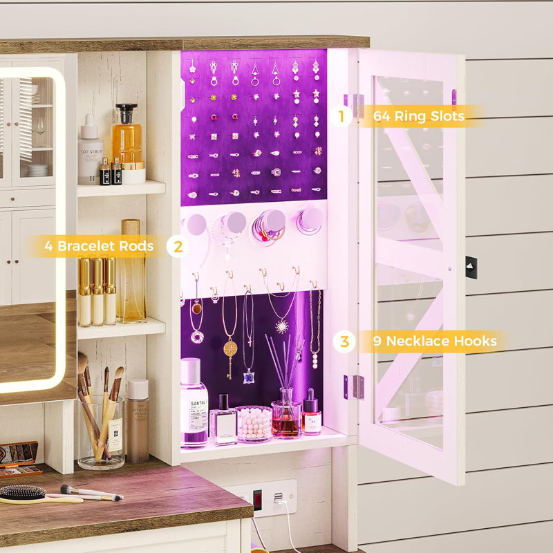 White Makeup Vanity Set with Lights and Mirror & Storage Stool Dressing Vanity Table for Bedroom, White