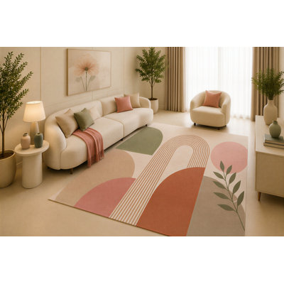 "Ultra Lightweight" 5'x7' Mid Century Modern Area Rug, Pink Terracotta Sage Arch Design for Living Room Bedroom Office, Non-Slip Silicone Backing, Low Pile Carpet
