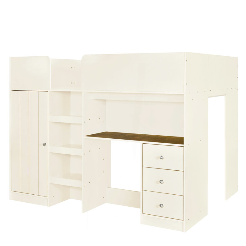 Lit mezzanine double en bois avec garde-robe intégrée, bureau, tablettes et tiroirs de rangement, beige, Beige