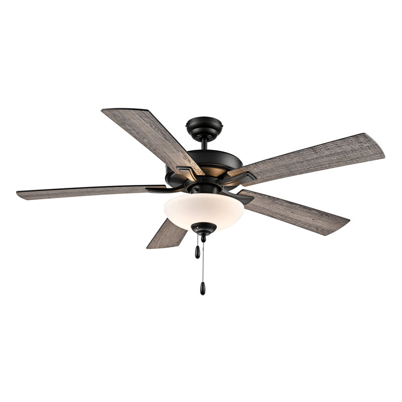 Ventilateur de plafond à DEL 5 pales 52 po Galeson - noir mat avec pales réversibles en chêne mat et brun moyen et verre gravé à l'eau-forte