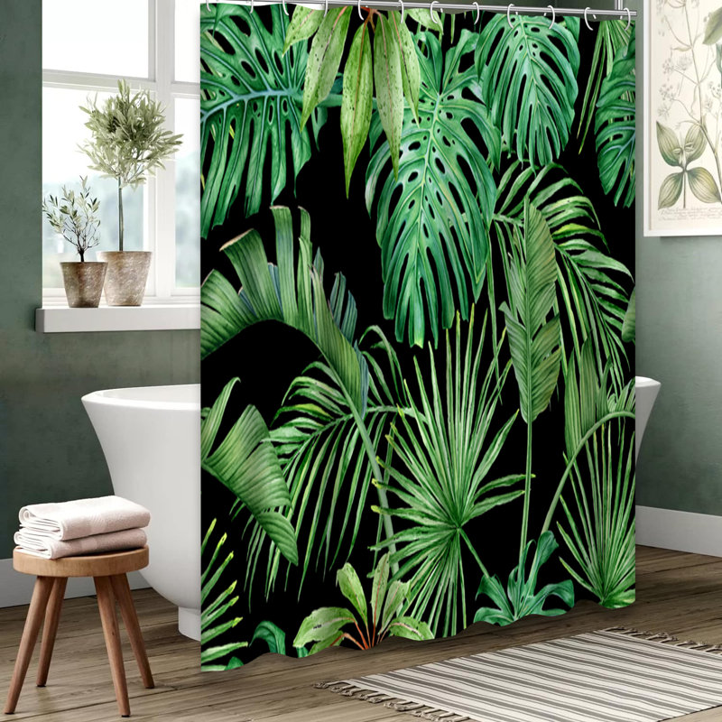 Rideau de douche vert à feuilles de palmier avec 12 crochets Monstera, L 72 po x l 84 po