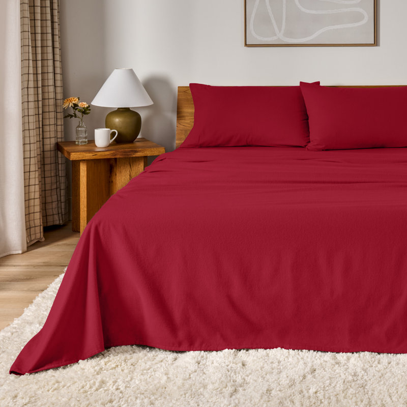 100% Cotton Flannel Sheet Set, Red, King Sheet Set with 2 Pillowcases