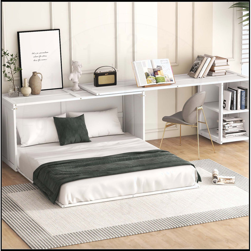 Grand lit escamotable avec bureau rotatif, Blanc