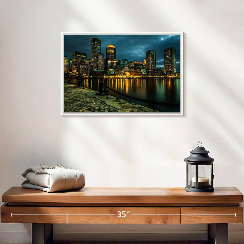 Silhouette de Boston la nuit, 19 po x 13 po, Cadre flottant blanc
