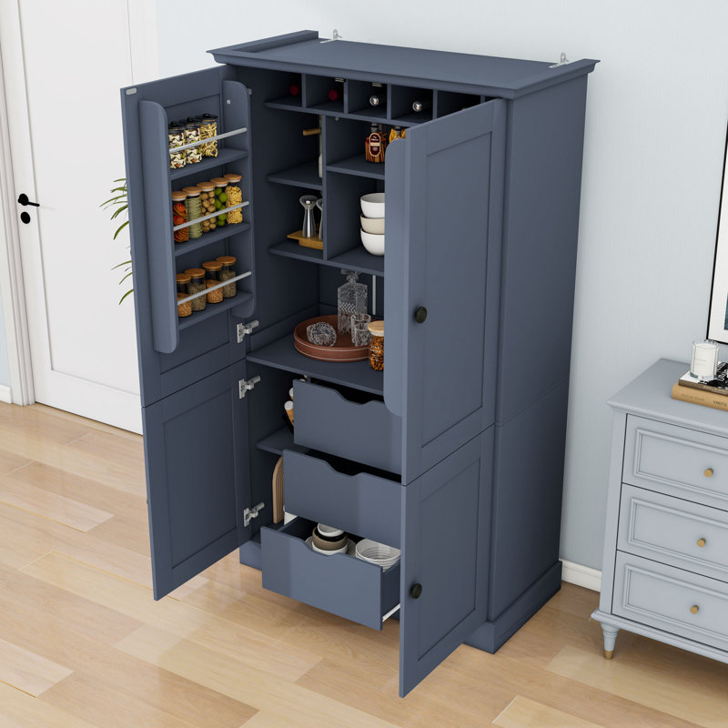 Armoire de cuisine avec poste de travail, 4 portes, 3 tiroirs, 6 supports à vin et tablettes réglables, Blue