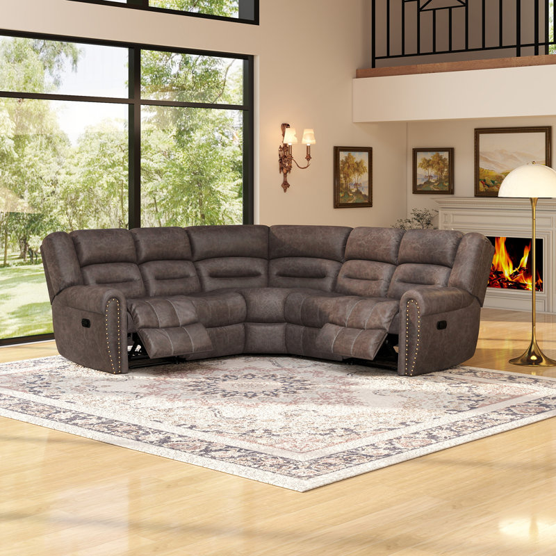 Manasas 3-Piece 97.8'' Wide Classic And Overstuffed Soft Faux Leather Manual Reclining Corner Sectional, Gray Faux Leather