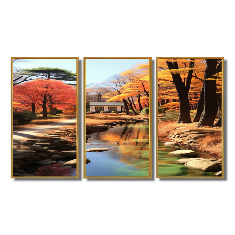 «White Cottage At The End Of Autumn River», ensemble d'art mural campagne, Cadre flottant doré, H 40 po x l 60 po x P 1 po