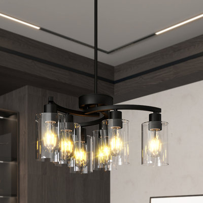 Lustre de style campagne moderne noir 6 lumières, luminaire de salle à manger contemporain, luminaires suspendus industriels à hauteur réglable, îlot de cuisine, abat-jour en verre transparent