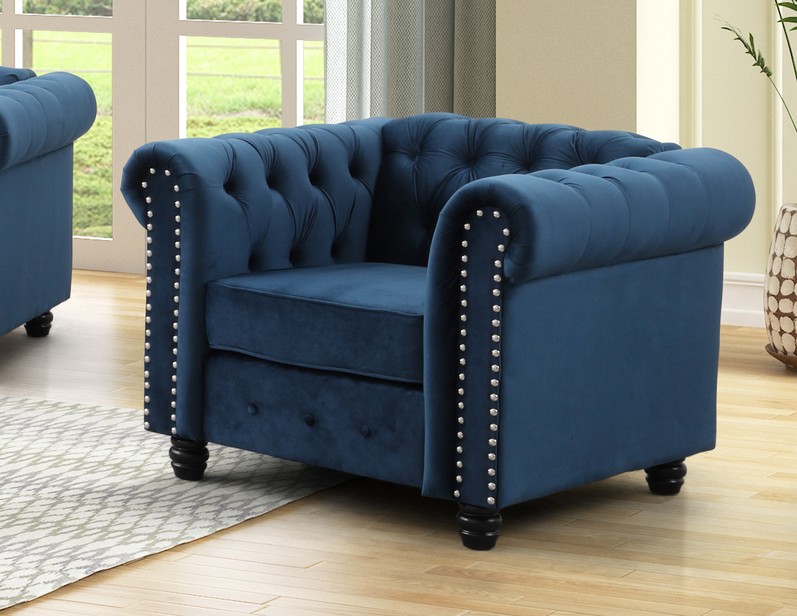 Yofe Comfy Mid-Century Modern Blue Velvet Upholstered Living Room Accent Chair, Wood Frame Arm Chair with Waist Cushion