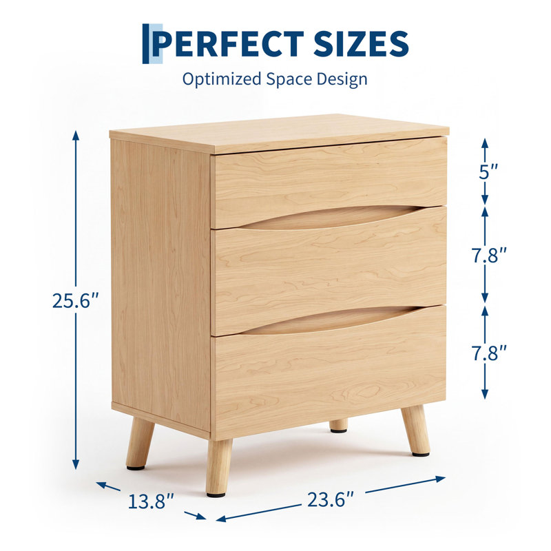 Table de chevet avec trois tiroirs, table de bout avec rangement et structure simple, Natural