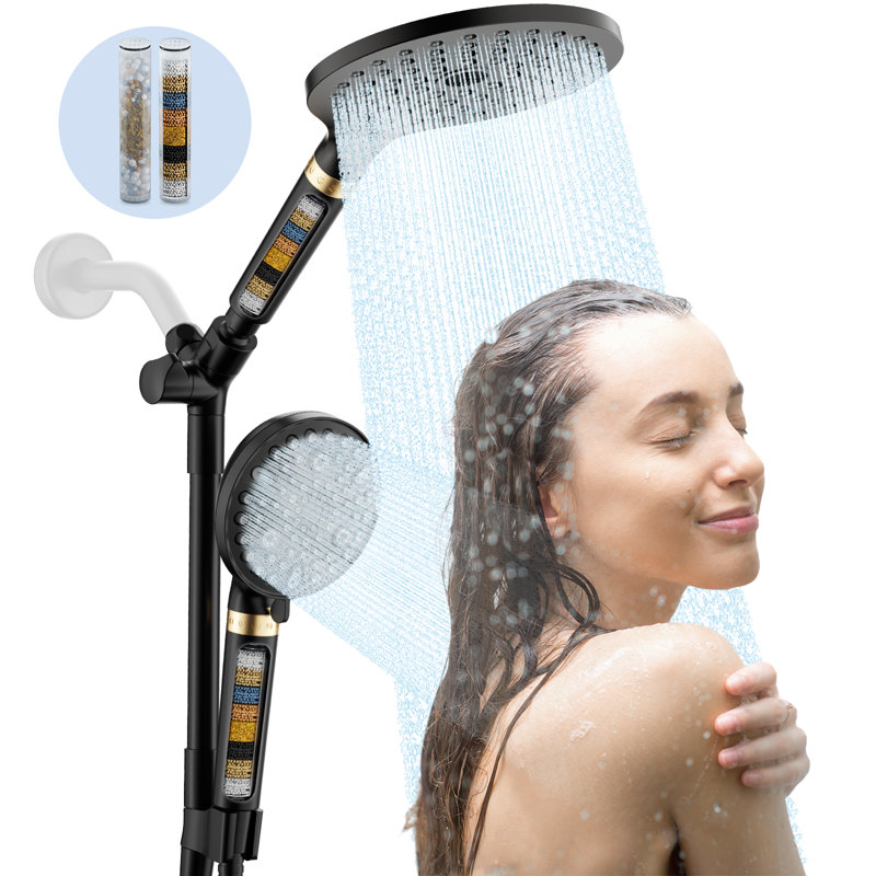 Pomme de douche filtrée double 7,5 po avec barre pliable réglable, Noir mat