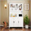 Grande armoire de rangement pour garde-manger avec portes en verre, tiroirs et tablettes ouvertes