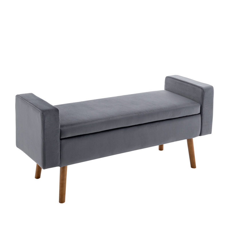 Banc de rangement en velours avec pieds en bois d'hévéa Vendrina, Gris foncé