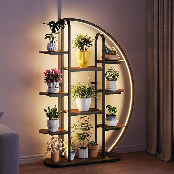 Support pour plante d'intérieur avec lumière DEL, étagère à fleurs en forme de lune à 9 niveaux pour plantes multiples