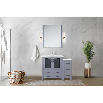 42 po Large meuble-lavabo simple gris foncé avec armoire latérale, plateau en céramique blanche, structure en bois massif, mécanisme de fermeture en douceur, une armoire intérieure et cinq tiroirs pour l'espace de rangement, long