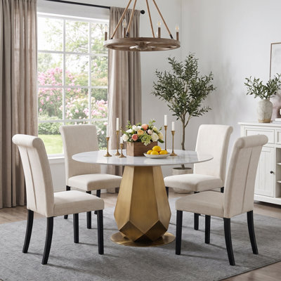 5-Piece 47 Inch Round Dining Table Set with 4 Linen Chairs, White