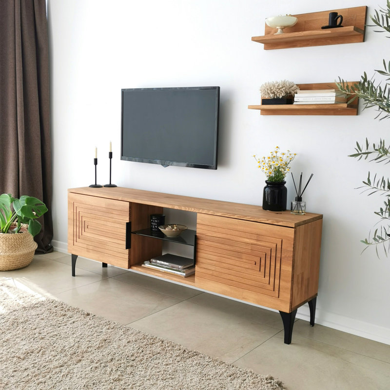 Modern TV Unit with Antibacterial Solid Pine Wood, Oak Finish, 47.5 x 15.7 x 11.8 inches | Rustproof Metal Legs, 2 Shelves (19.7 x 5.9 x 4.7 inches) | Stylish Scandinavian Design, Easy Assembly, Perfect for Living Room
