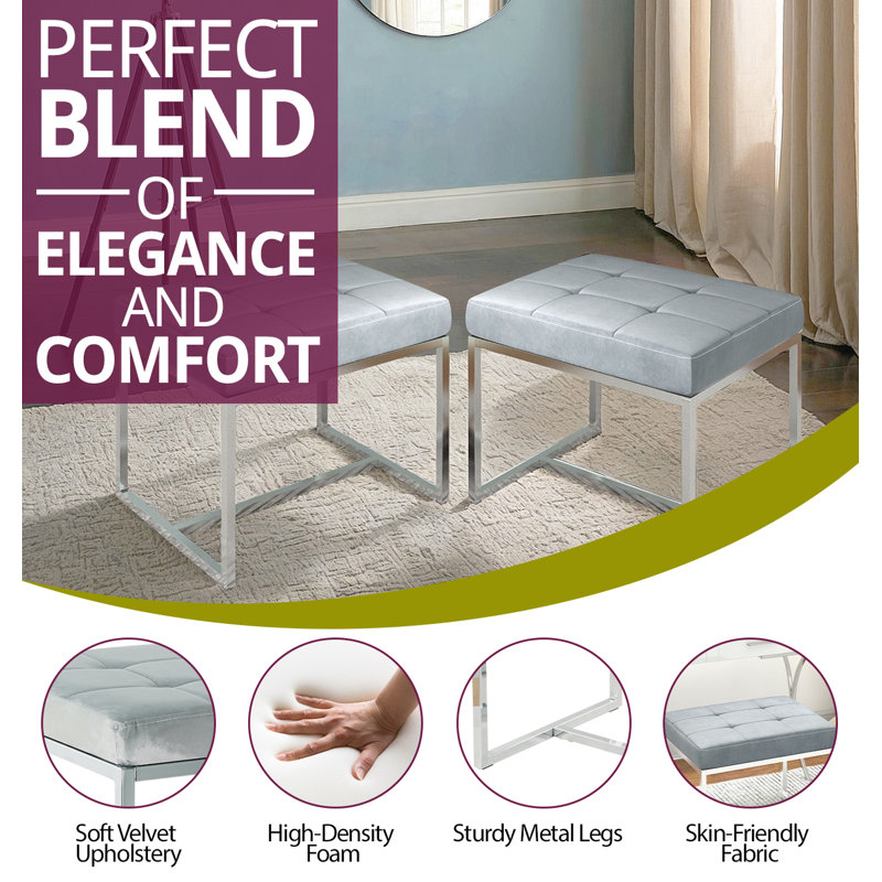 Finley Velvet Stool With Metal Base (pair), Silver Grey