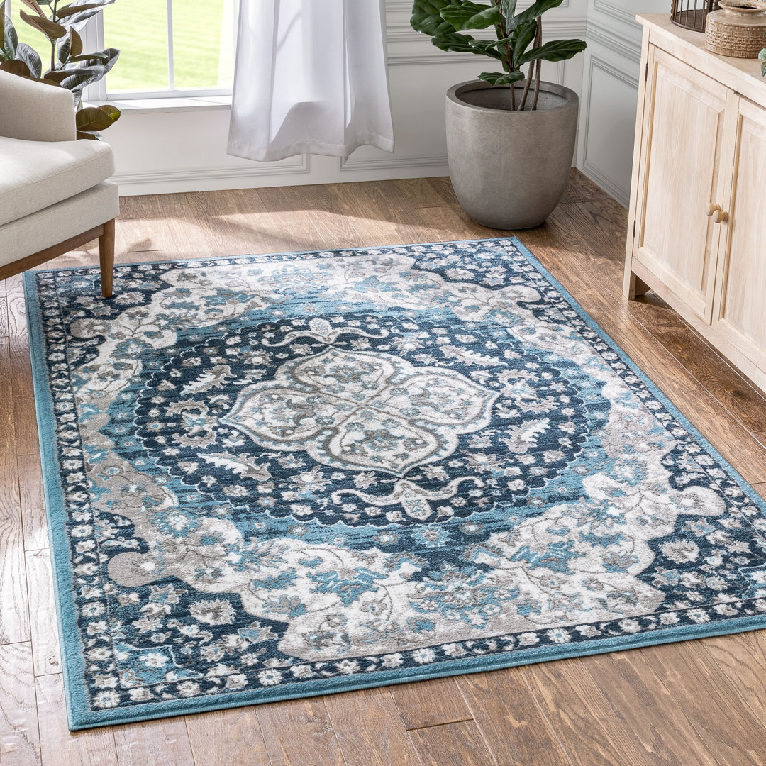 Dulcet Granada Transitional Oriental Medallion Pattern Blue Rug Charlton Home® Rug 