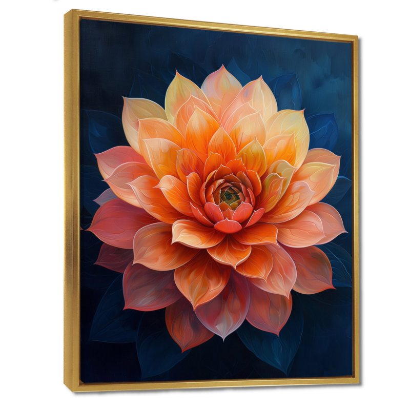 Décoration florale orange et bleu éclatant - plante grasse, Toile avec cadre flottant or, H 32 po x l 24 po x P 1 po