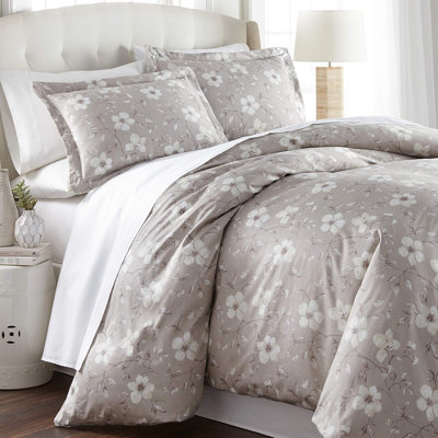 Literie 3 pièces Southshore Fine Linens Mystic Garden Taupe Gris, en coton à motif floral, avec 2 taies d'oreiller King, 300 fils au pouce carré de satin.