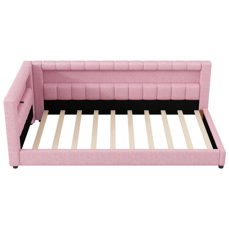 Twin XL Size Upholstered Platform Bed with USB Ports and LED Light Belt, Multi-Functional Kids Bed, Pink, Extra-Long Twin