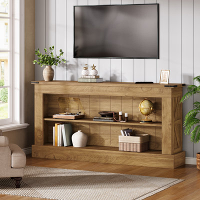 Console de 63 pouces avec rangement, long canapé d'entrée et table derrière le canapé