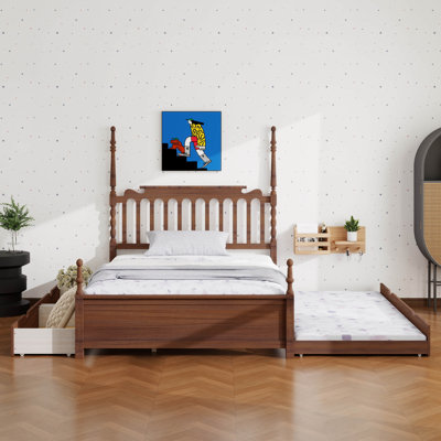 Platform Bed Frame with 2 Big Drawers and Twin XL Trundle, Wood Platform Bed with Spindle Headboard