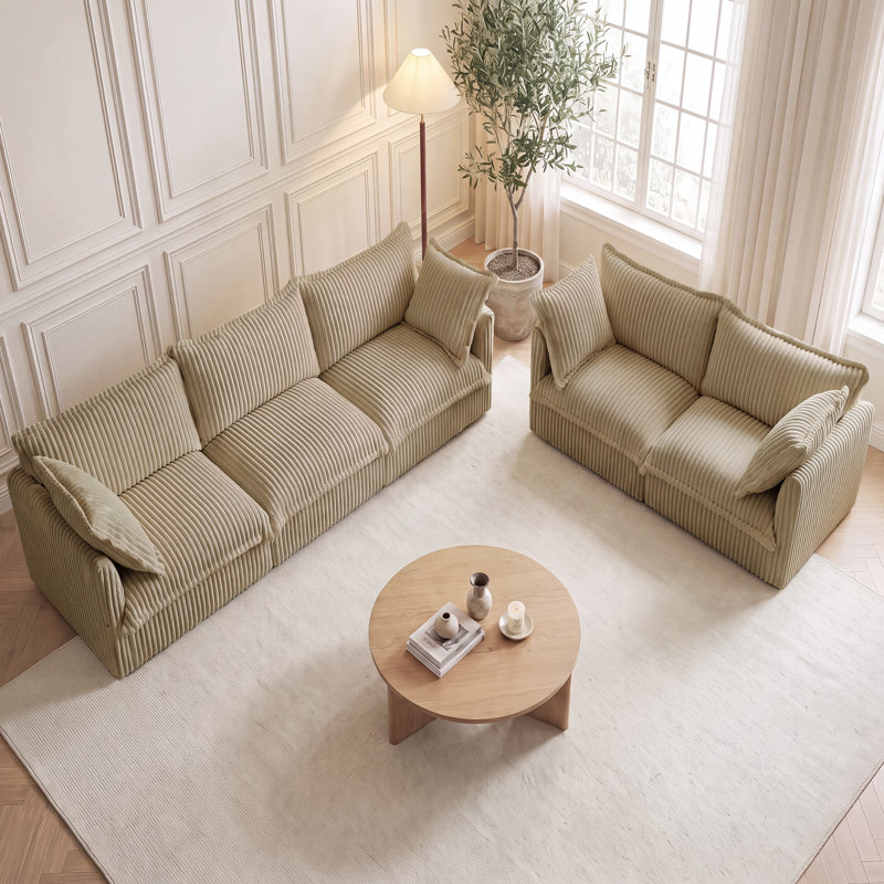 Ensemble de salon, ensemble de 2, canapé en velours côtelé, pour le salon, 2 Pcs: Loveseat, Sofa, Camel Corduroy