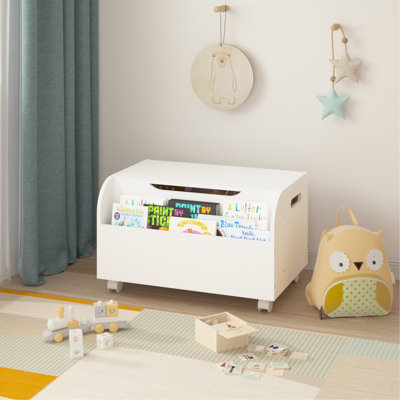 Coffre à jouets en bois avec 4 roues universelles, organisateur de rangement pour jouets pour enfants avec bibliothèque avant, couvercle rabattable, charnière de sécurité, banc de coffre pour les garçons et les filles (blanc)