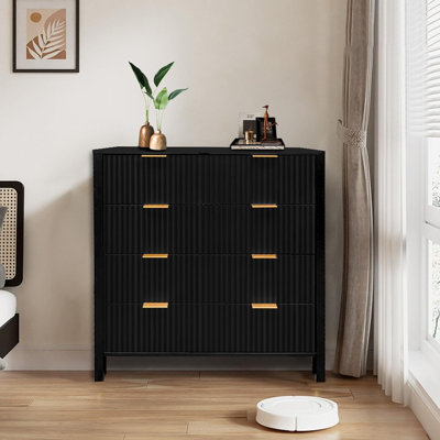 Commode en bois, commode moderne Mid-Century, commode 4 tiroirs cannelée pour chambre à coucher, armoire de rangement en bois Boho avec poignées dorées, commode moderne pour chambre à coucher