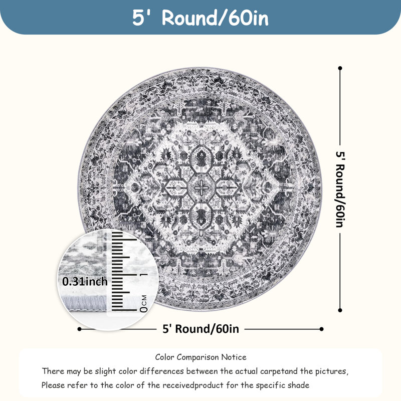 Round Washable Rug - 100% Polyester, Non-Slip & Low-Pile For Living Room,Bedroom,Dining Area, Round 5'
