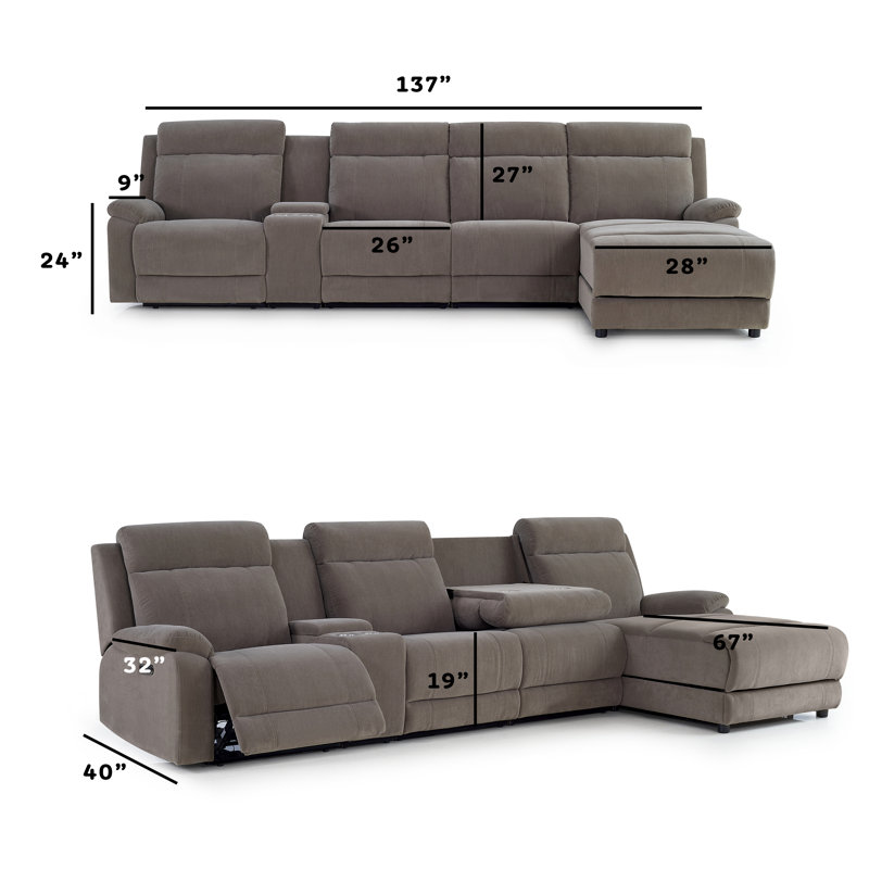 Canapé modulaire inclinable électrique pour 4 personnes avec console de rangement et chargeurs USB - gris